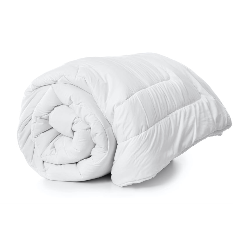 A rolled up 4.5 Tog Soft
white summer duvet displayed on a white background.
