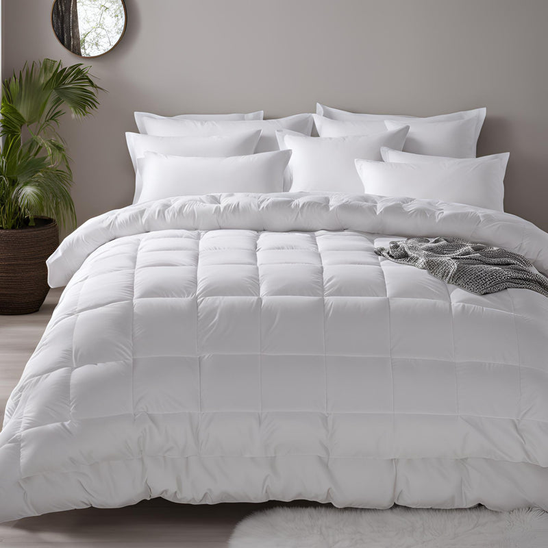 A white 10.5 tog Down Alternative All-season duvet displayed on a bed with pillows arranged on top. The room has a window and a plant in the background.