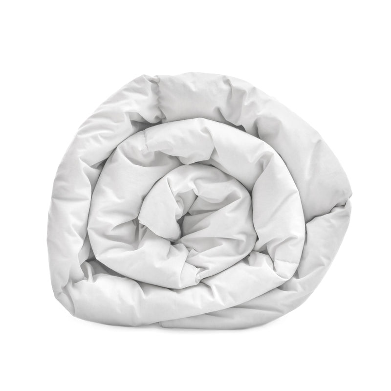 A rolled up white cotton blend all-season duvet displayed on a white background.