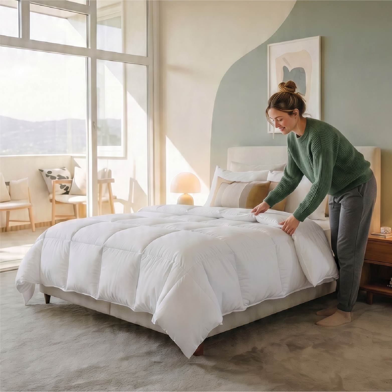 Woman decorating bed for summer