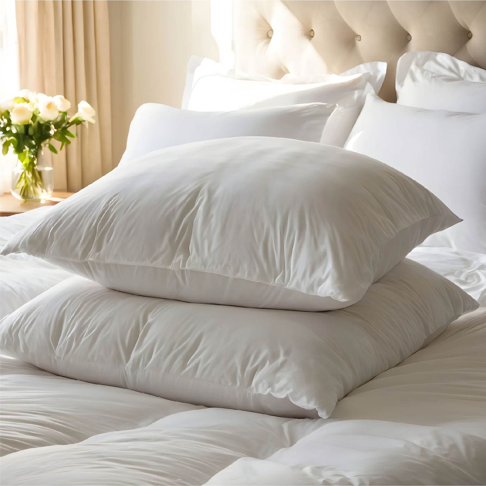 Anti allergy pillow pair on bed