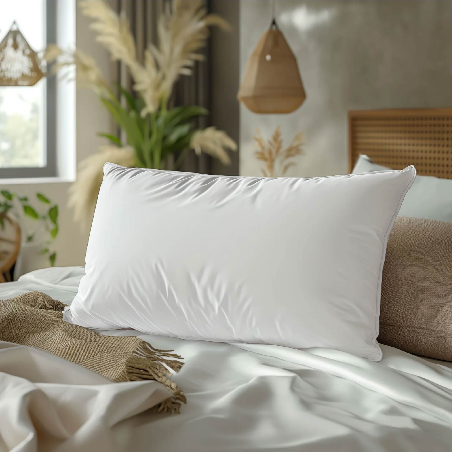 Fluffy white rectangular pillow on a bed with a beige textured throw and bohemian decor in the blurred background.