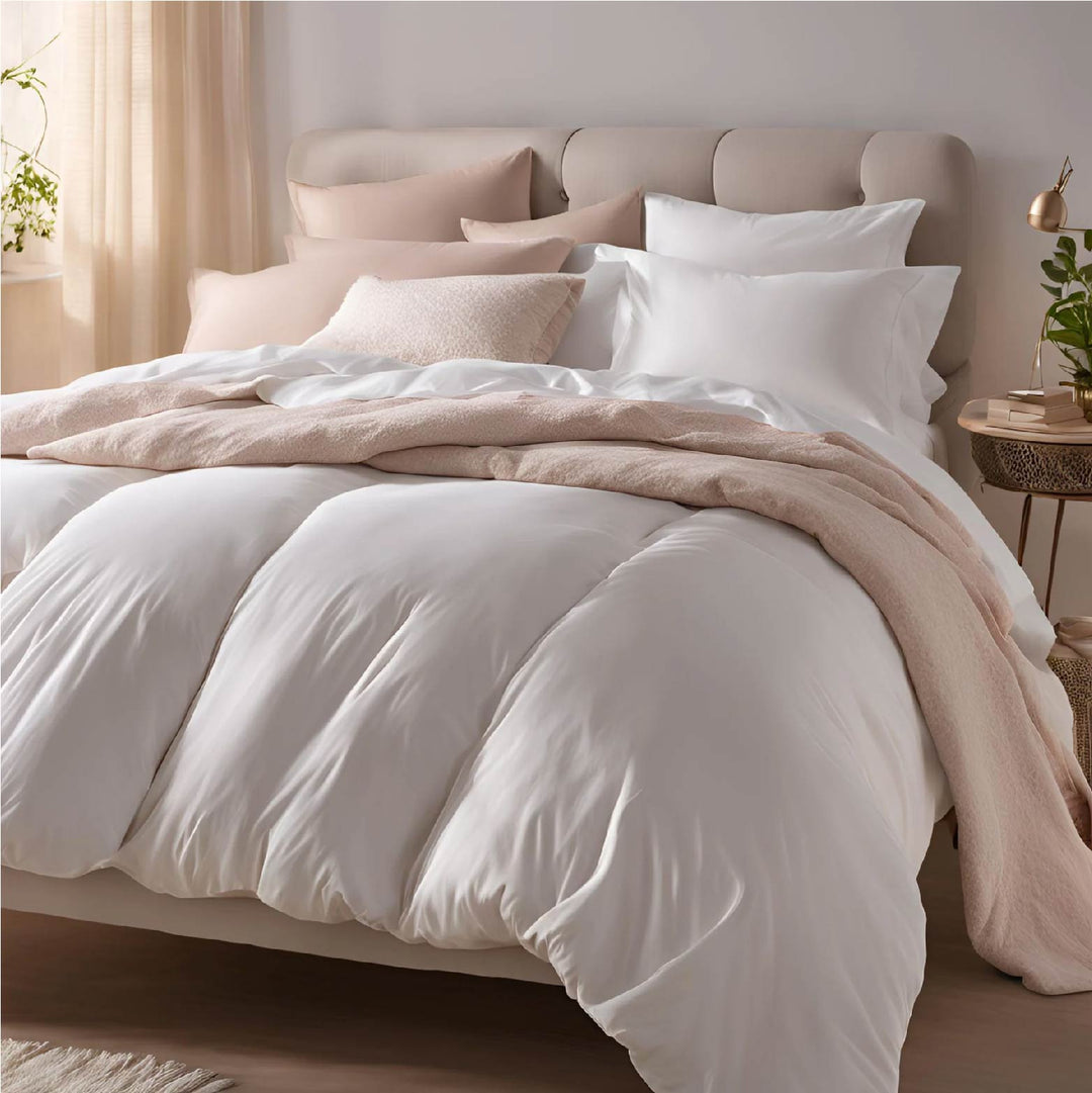 Cozy modern bedroom featuring a bed with white and pink bedding and a soft beige headboard.