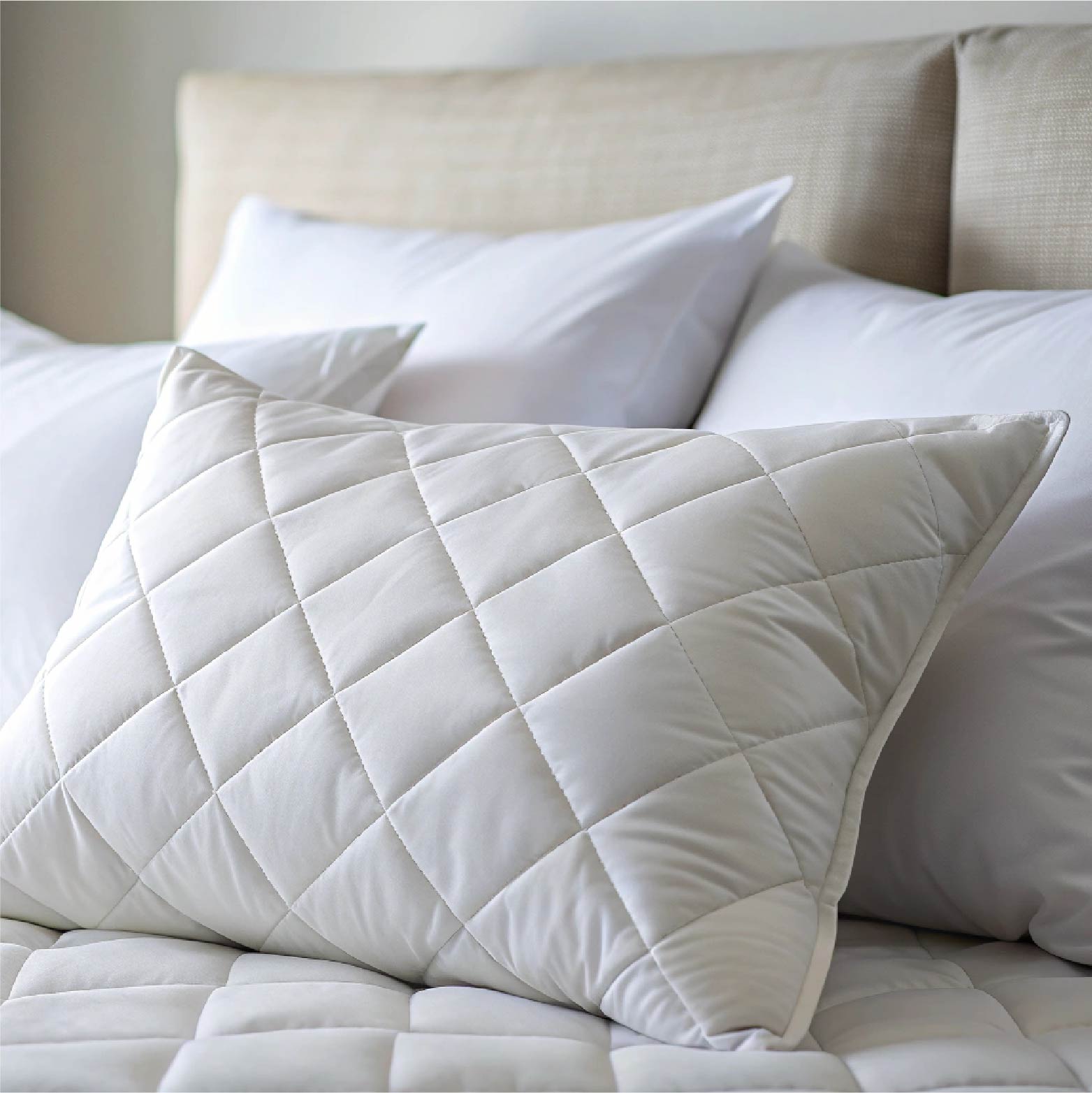 Close-up of a high-quality white quilted pillow protector on a comfortable bed.