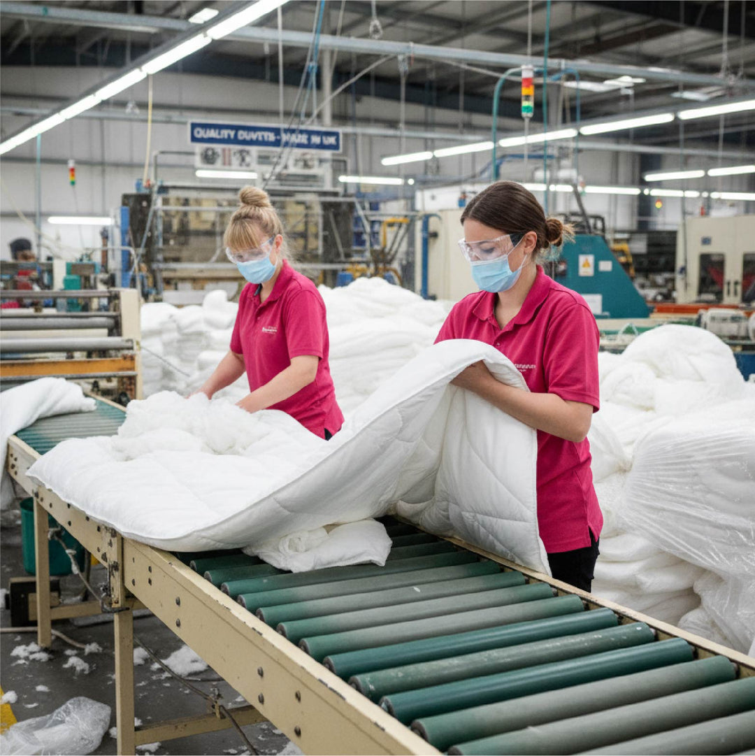 Skilled workers manufacturing high-quality duvets in a UK-based factory for Rohi Home.