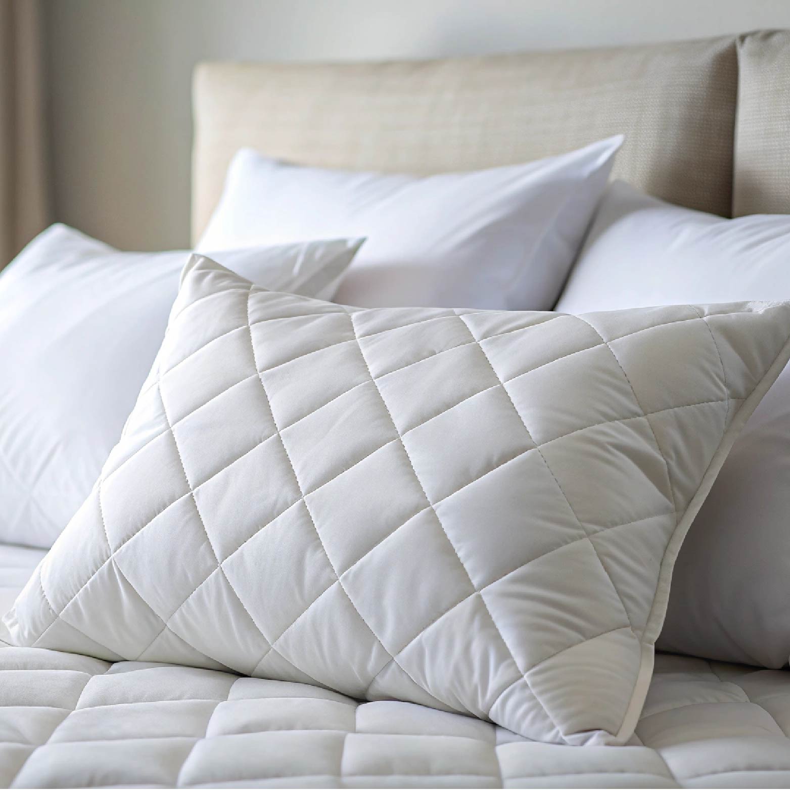 Close-up of a white pillow with a diamond quilted pattern resting on a bed with other white pillows in the background.