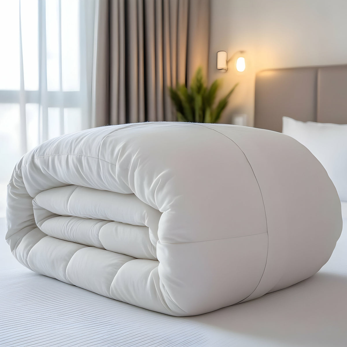 A folded white 13.5 tog microfibre duvet on a bed in a bedroom setting, with light curtains and a lamp in the background.