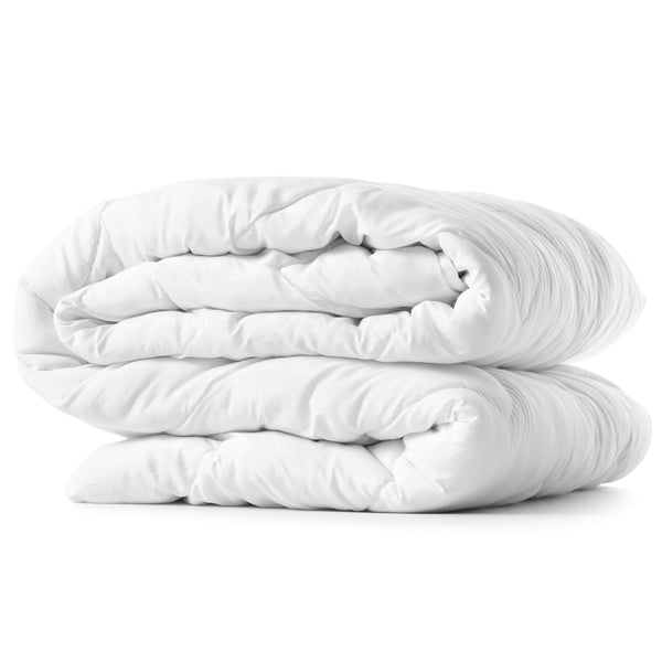 A folded white soft lightweight duvet cover displayed on a neutral background.