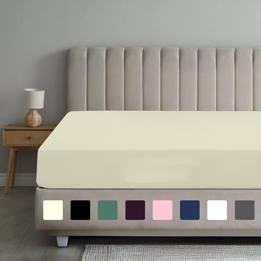 Rohi Double Fitted Sheet 100% Microfibre – 16'' (40cm) Extra Deep Fitted Sheet with All Around Elastic – Ultra Soft, Hypoallergenic & Durable Bed Sheet – Bottom Sheet (Cream – 137 x 190cm)