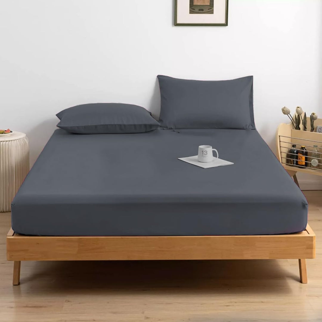 Rohi® Percale Polycotton King Size Fitted Sheets - 16"/40 Cm Extra Deep Fitted Sheet with Two Free Pillowcases – Shrinkage and Fade Resistant bed sheets (King, Grey)
