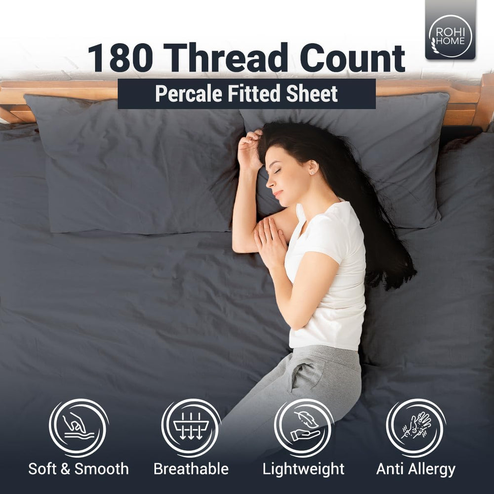 Rohi® Percale Polycotton King Size Fitted Sheets - 16"/40 Cm Extra Deep Fitted Sheet with Two Free Pillowcases – Shrinkage and Fade Resistant bed sheets (King, Grey)