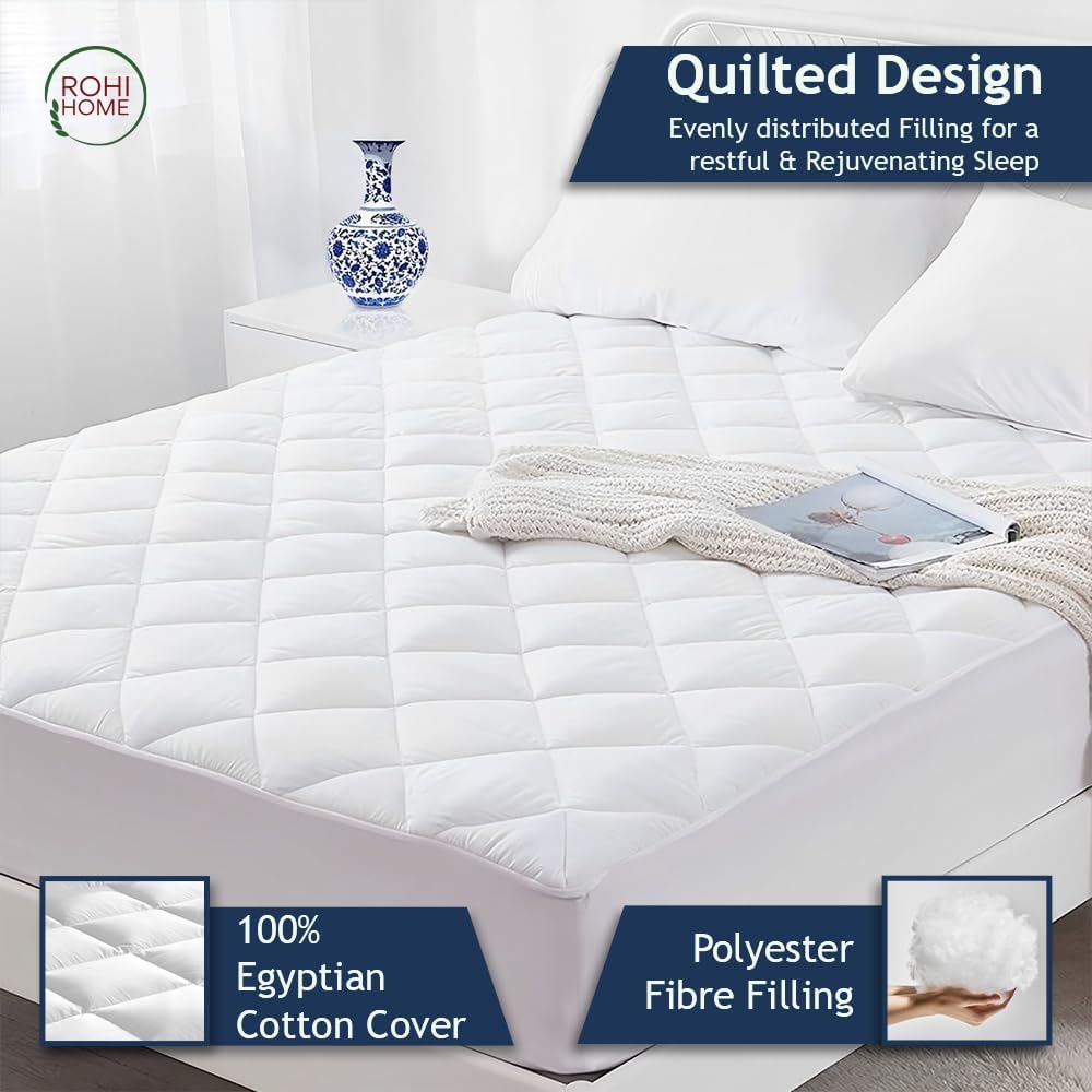 Rohi Luxury Quilted 16" Extra Deep Mattress Protector Pad – Breathable Egyptian Cotton Fitted Mattress Protector – 360 Elastic Fits – Machine Washable Mattress (Super King)