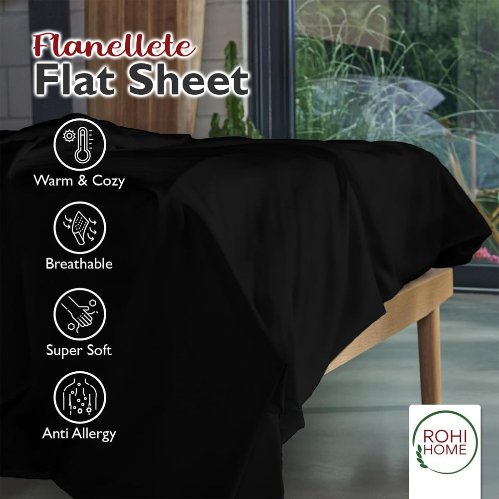 Rohi 100% Brushed Cotton Flat Sheet Double – Soft, Warm, and Breathable Flannelette Flat Sheets Double Bed for Ultimate Comfort – Thermal Bed Sheet with Anti-Allergy Properties (Black, Double)