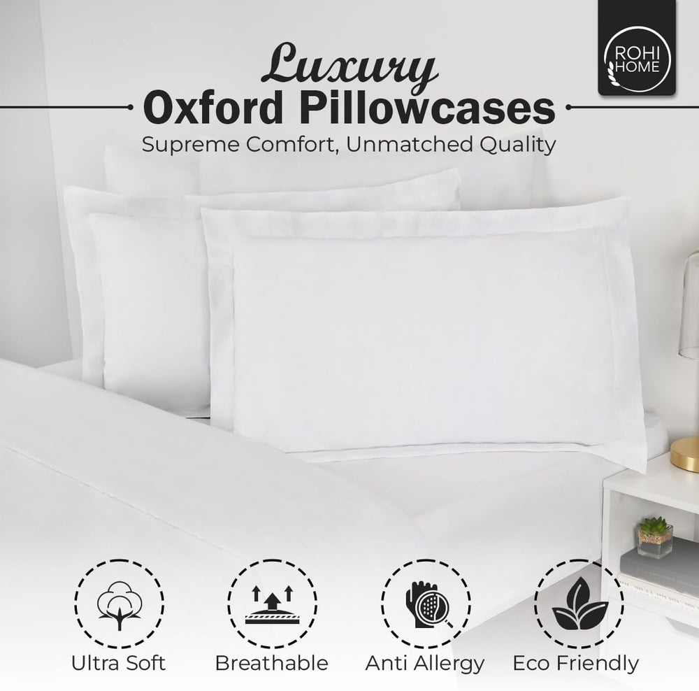 Rohi Luxurious Oxford Pillowcase Pair - 100% Cotton Oxford Pillow Cases 2 pack- 200 Thread Count Pillowcases (50cm x 75 cm), Oxford Pillowcases Pair, White