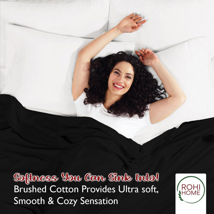 Rohi 100% Brushed Cotton Flat Sheet Double – Soft, Warm, and Breathable Flannelette Flat Sheets Double Bed for Ultimate Comfort – Thermal Bed Sheet with Anti-Allergy Properties (Black, Double)