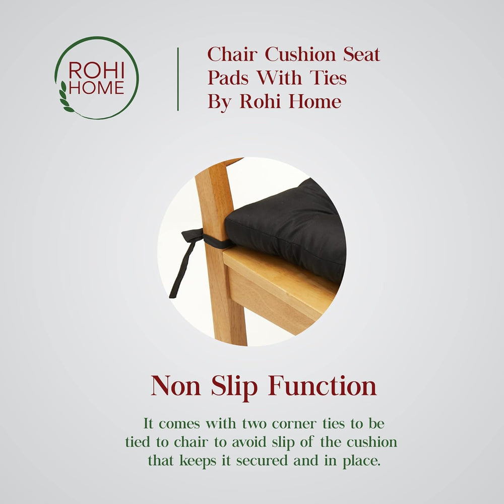 Rohi Pack of 4 Luxury Chair Pads with Ties – Water Resistant Garden Seat Pads for Dining Chairs – 5cm Thickness Quilted Design Chair Cushions – 38x38x5cm (Black)