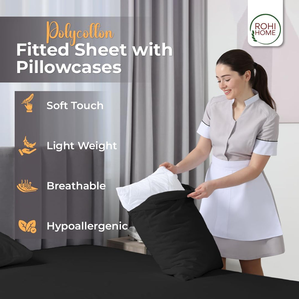ROHI® Single Fitted Sheet 10” (25 Cm) Depth with Free Pillow Case – Easy Care – Poly Cotton Material – Shrinkage And Fade Resistant – Single Bed Sheet Set (Black, Single)