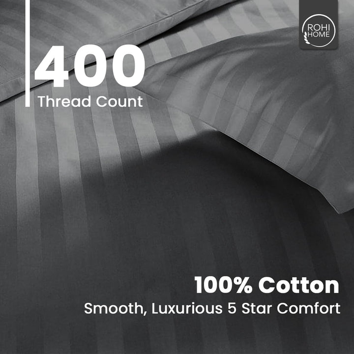 Rohi Home 100% Cotton Satin Stripe Duvet Cover Set - Luxury Soft Hotel Quality - 3 Piece King Size Duvet Cover Set with Pillowcases - Button Closure Design (Grey, King Size)