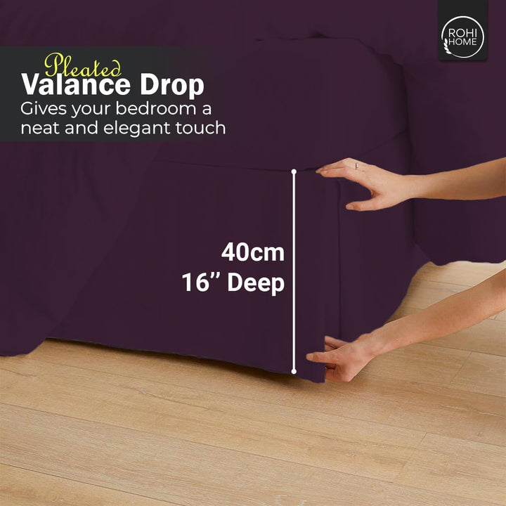 Rohi Base Valance Sheet Bed Skirt Double - Pleated Styling - 16" DEEP BASE VALANCE, 100% Combed Polycotton Long Staple Fibre – (Fit Over Base, Double Bed, Plum)