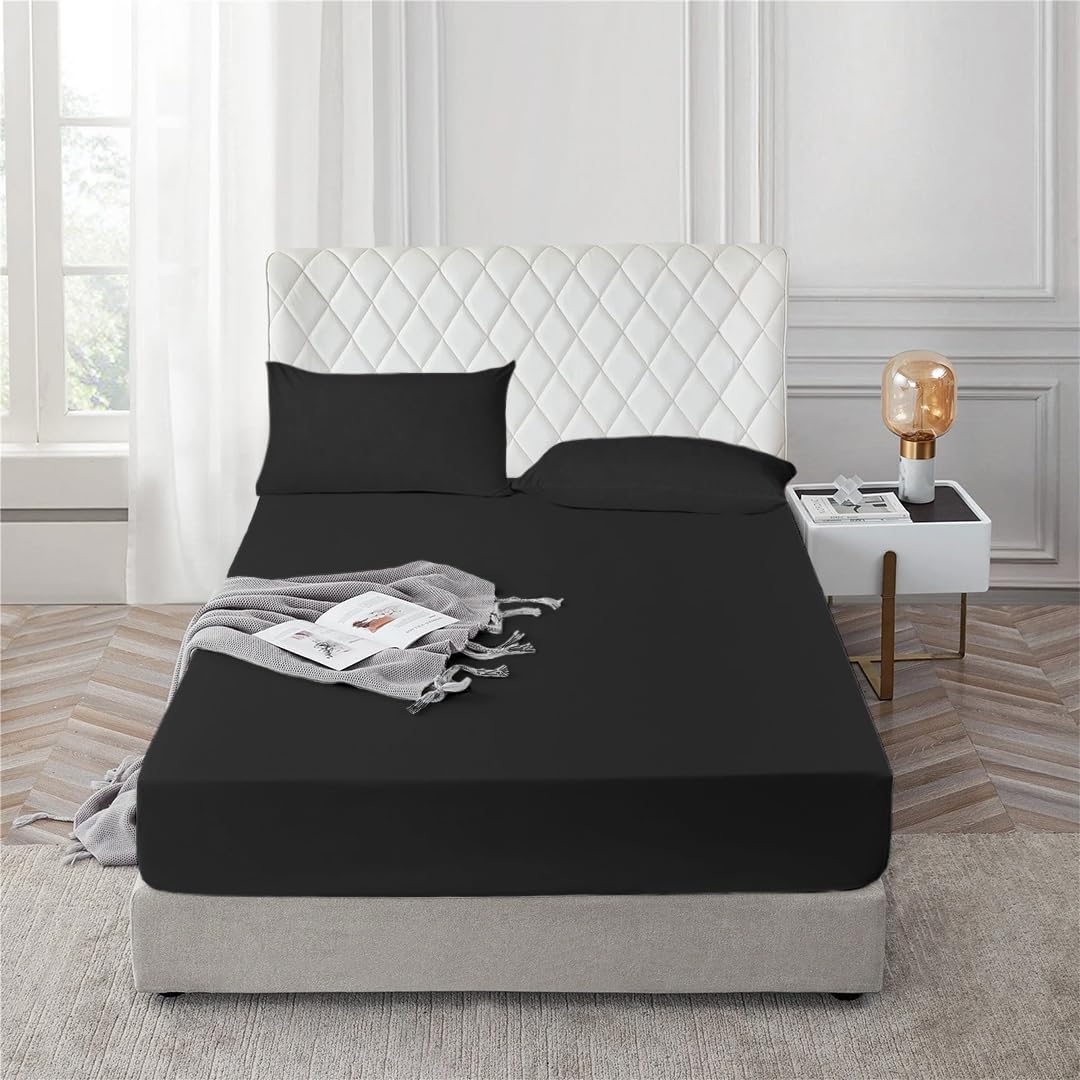 ROHI® Single Fitted Sheet 10” (25 Cm) Depth with Free Pillow Case – Easy Care – Poly Cotton Material – Shrinkage And Fade Resistant – Single Bed Sheet Set (Black, Single)