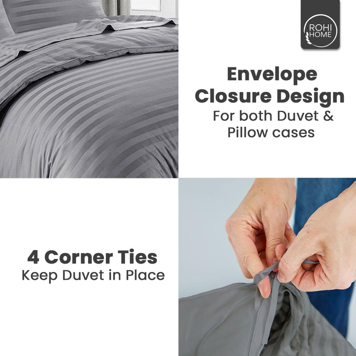 Rohi Home 100% Cotton Satin Stripe Duvet Cover Set - Luxury Soft Hotel Quality - 3 Piece King Size Duvet Cover Set with Pillowcases - Button Closure Design (Grey, King Size)