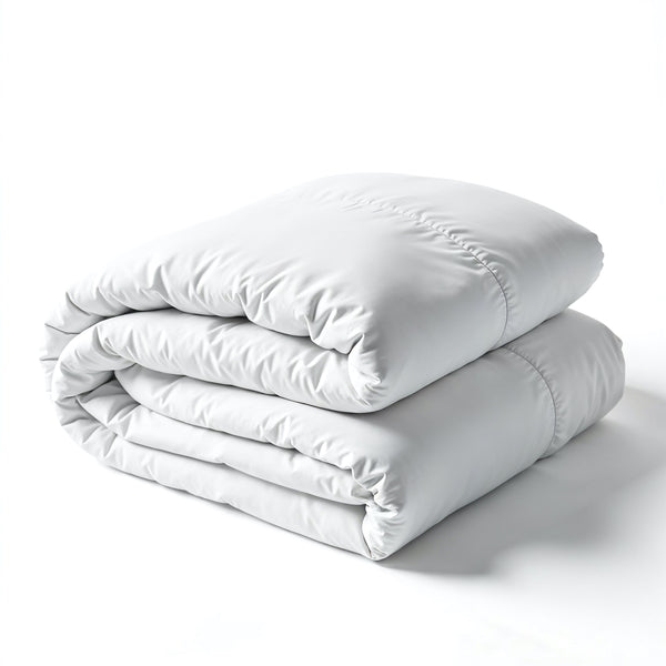 A folded white cotton blend duvet displayed on a neutral background.