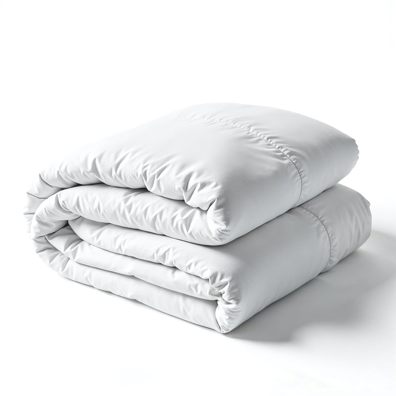 A folded white cotton blend duvet displayed on a neutral background.
