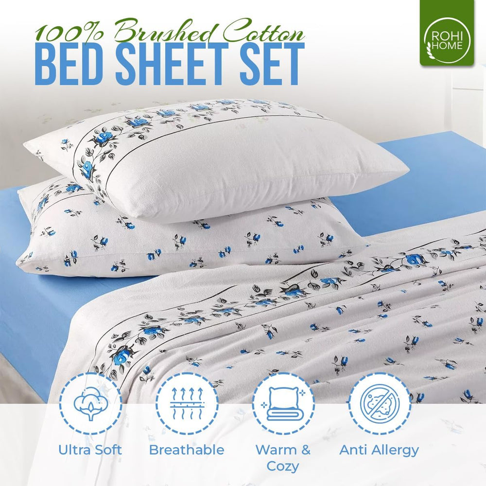 Rohi Rosebud Floral Flannelette Brushed Cotton Double Bed Sheet Set | 1x Flat Sheet | 1x Fitted Sheet and 2x Pillow Covers (Double, Blue)