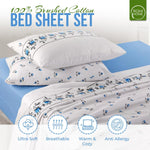 Rohi Rosebud Floral Flannelette Brushed Cotton Double Bed Sheet Set | 1x Flat Sheet | 1x Fitted Sheet and 2x Pillow Covers (Double, Blue)