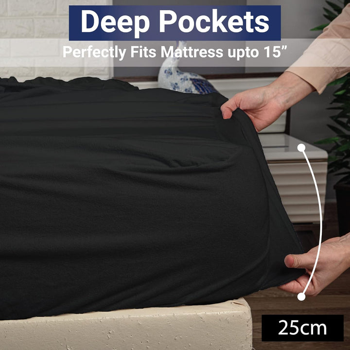 Rohi 100% Brushed Cotton Flannelette Fitted Sheets Super King– Super Soft & Cozy Thermal Bed Sheets – 25cm/10" Deep Fitted Sheet (Super King Fitted Sheet, Black)