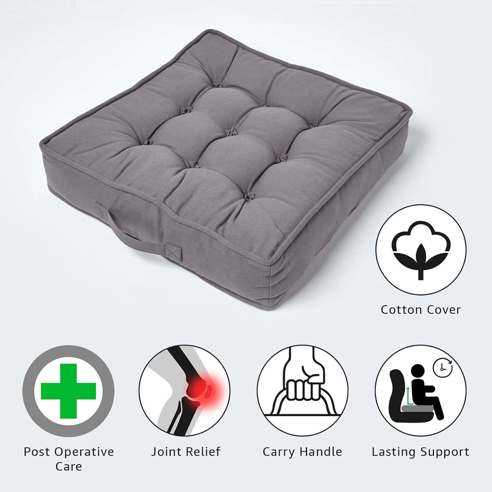 HOMESCAPES Dark Grey Armchair Booster Cushion Large Firm 50 cm Square Seat Pad with Supportive 10 cm Thick Lift Soft Touch Cotton Charcoal Cushion For The Elderly, Post-Operative and Pregnancy