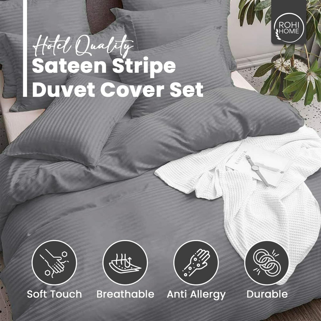 Rohi Home 100% Cotton Satin Stripe Duvet Cover Set - Luxury Soft Hotel Quality - 3 Piece King Size Duvet Cover Set with Pillowcases - Button Closure Design (Grey, King Size)