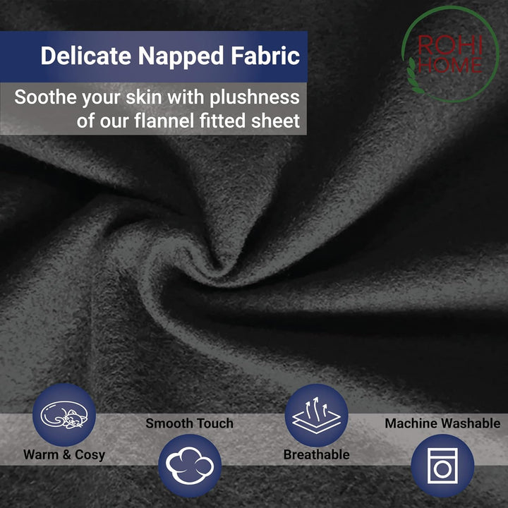 Rohi 100% Brushed Cotton Flannelette Fitted Sheets Super King– Super Soft & Cozy Thermal Bed Sheets – 25cm/10" Deep Fitted Sheet (Super King Fitted Sheet, Black)