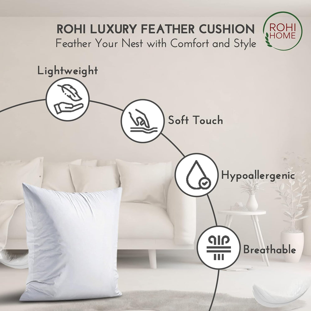 Rohi Pack Of 2 Hypoallergenic Duck Feather Cushion Insert 60cm x 60cm (24"x 24") – Double Stitched Seams – Bed & Sofa Cushion with Duck Feather & Down Filling (pack of 2,24" x 24" | 60cm x 60cm)