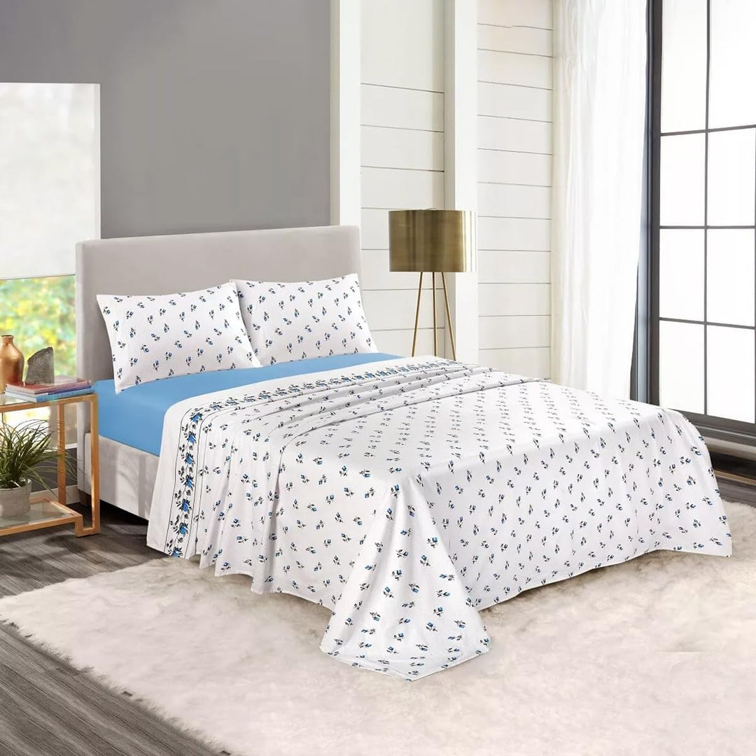 Rohi Rosebud Floral Flannelette Brushed Cotton Double Bed Sheet Set | 1x Flat Sheet | 1x Fitted Sheet and 2x Pillow Covers (Double, Blue)