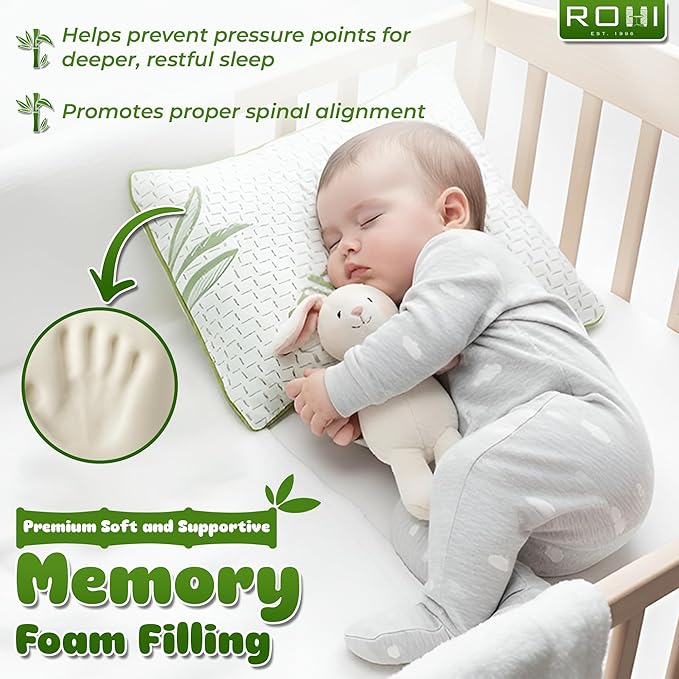 Bamboo Memory Foam Toddler Pillow – Hypoallergenic & Breathable Cot Pillows for Baby Cot Bed (40cm x 25cm)