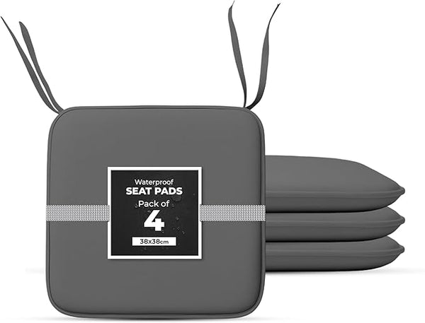 Garden Seat Cushions Set of 4 – Outdoor/Indoor Plain seat pads for dining Chairs, Kitchen and Garden Chairs 38x38 Plain Design (Pack of 4) Grey