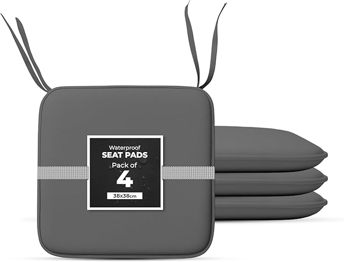 Garden Seat Cushions Set of 4 – Outdoor/Indoor Plain seat pads for dining Chairs, Kitchen and Garden Chairs 38x38 Plain Design (Pack of 4) Grey