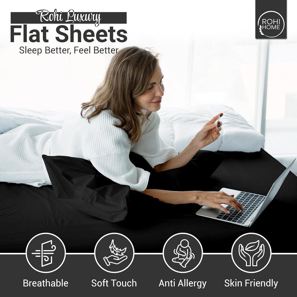 Rohi Easycare Flat sheet Double – Soft Touch Polycotton Bed Sheet – Anti Allergy – Cool & Comfortable Flat Sheets (Double Flat Sheet, 228 x 254 cm, Black)