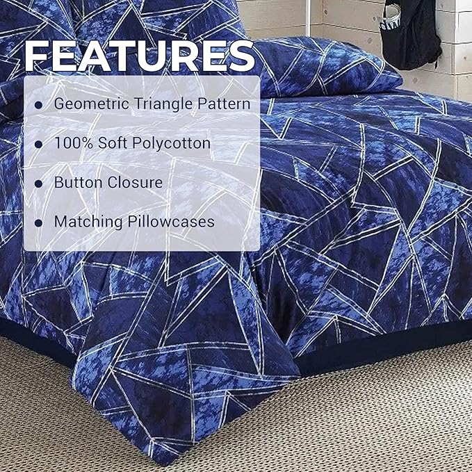 Geometric King Duvet Cover & Pillowcases – Soft Touch Triangle Pattern Printed Navy Bedding Set – Button Closure – Polycotton Duvet Cover with Pillow Covers