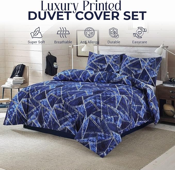 Geometric King Duvet Cover & Pillowcases – Soft Touch Triangle Pattern Printed Navy Bedding Set – Button Closure – Polycotton Duvet Cover with Pillow Covers