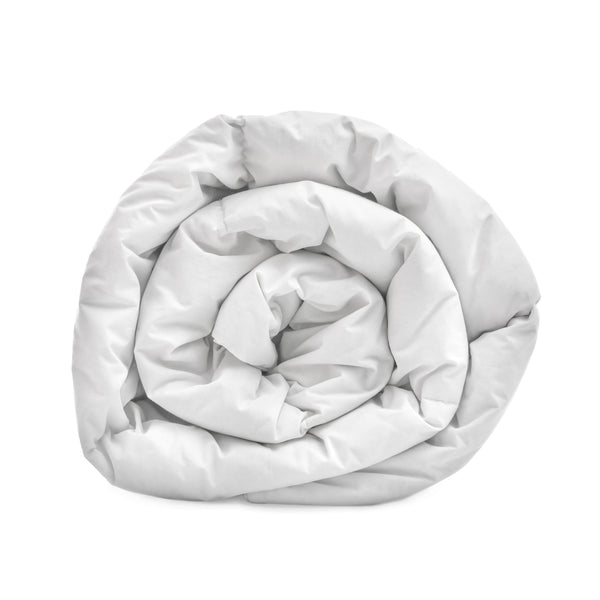 A rolled up white cotton blend all-season duvet displayed on a white background.