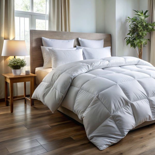 A white 13.5 Tog Warm Down Alternative  duvet cover presented on a bed, with a matching pillowcase visible to the side. The room has a wooden floor, a nightstand with a lamp, and a plant in the background.