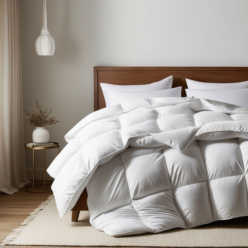 A 13.5 tog white duck down duvet on a bed with a wooden headboard, draped elegantly with extra fabric at the bottom. A bedside lamp and a small plant decoration are visible to the side.