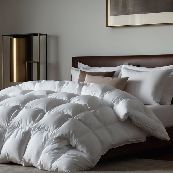 A luxury white duck feather and down duvet on a bed, with a soft and plush appearance, in a stylishly decorated bedroom setting.
