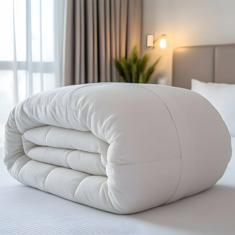 A folded white 13.5 tog microfibre duvet on a bed in a bedroom setting, with light curtains and a lamp in the background.