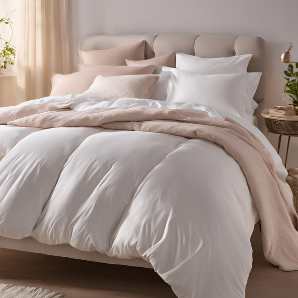 A bed with a white and peach microfiber duvet , neatly made with pillows and a soft, fluffy duvet.