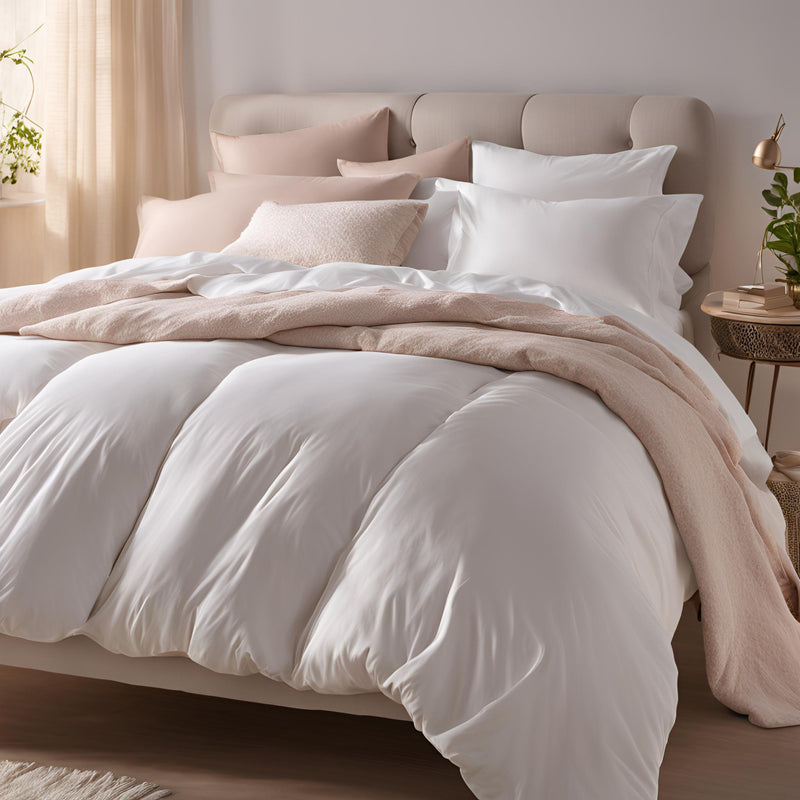 A bed with a white and peach microfiber duvet , neatly made with pillows and a soft, fluffy duvet.