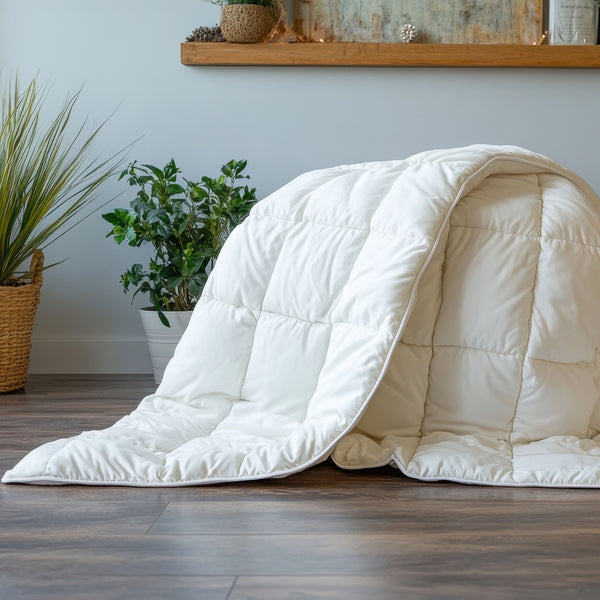 Rohi natural white 4.5 tog natural duck feather & down duvet placed on the floor in a home environment, with a plant and wooden shelf in the background.