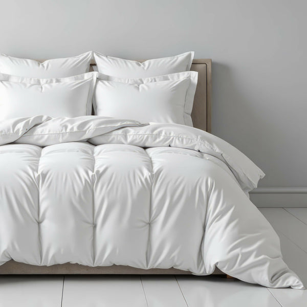 A white hotel microfibre duvet displayed on a bed with pillows, in a bright room setting.